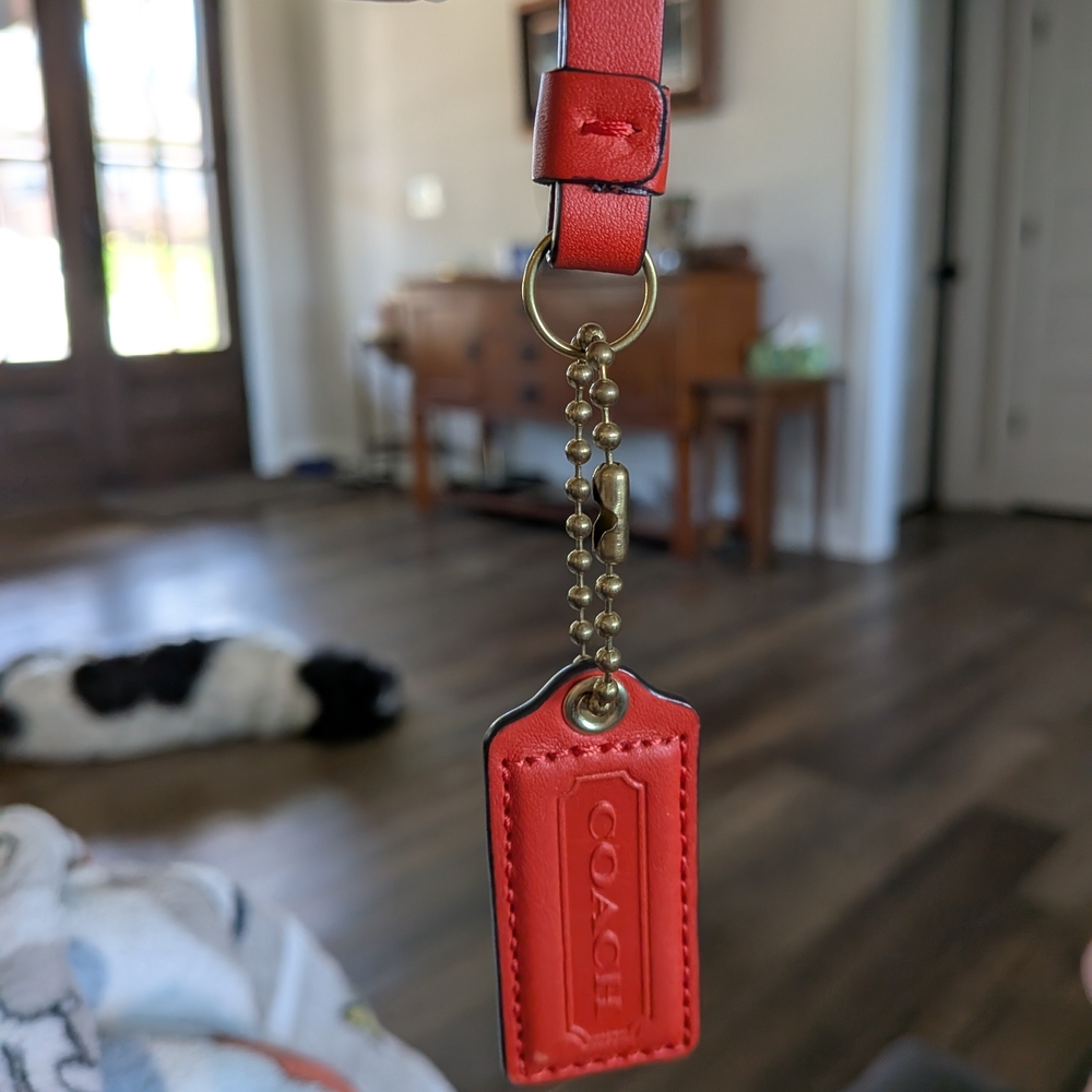 Coach Red‎ Leather Tag Keychain with Gold-Tone Chain